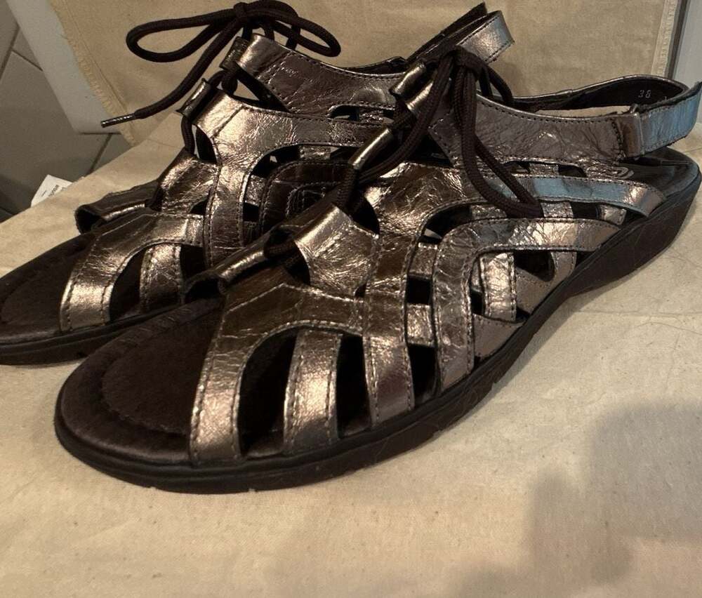 Ara Women's Liv Luftpolster Metallic Pewter Lace-Up Gladiator Sandals 39 G